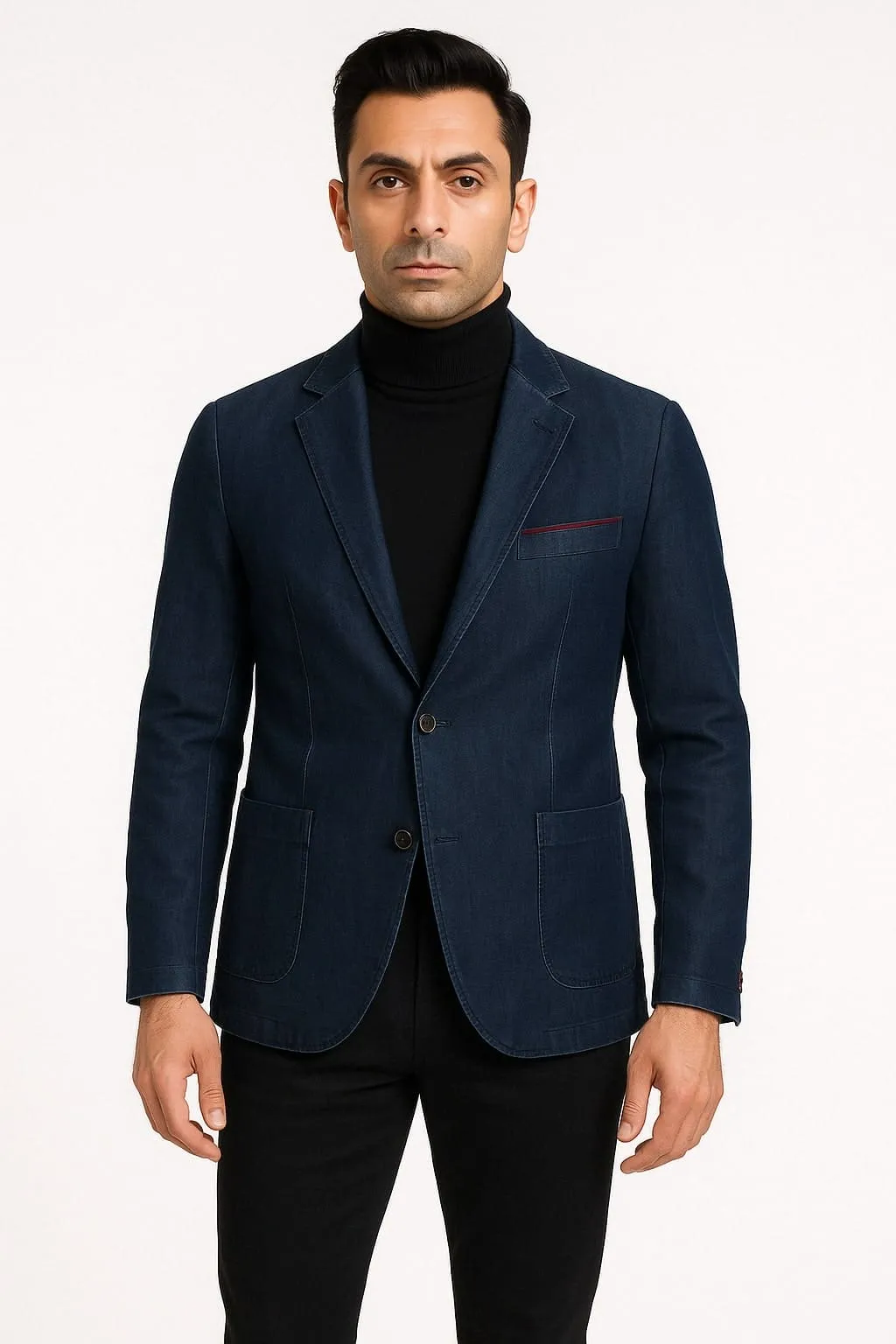 Mens Dark Blue Denim Casual Blazer with Notch Lapel and Single Button Closure sold by Alberto Nardoni