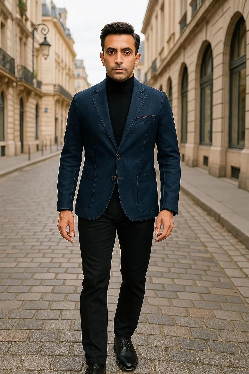 Mens Dark Blue Denim Casual Blazer with Notch Lapel and Single Button Closure sold by Alberto Nardoni product image thumbnail 4