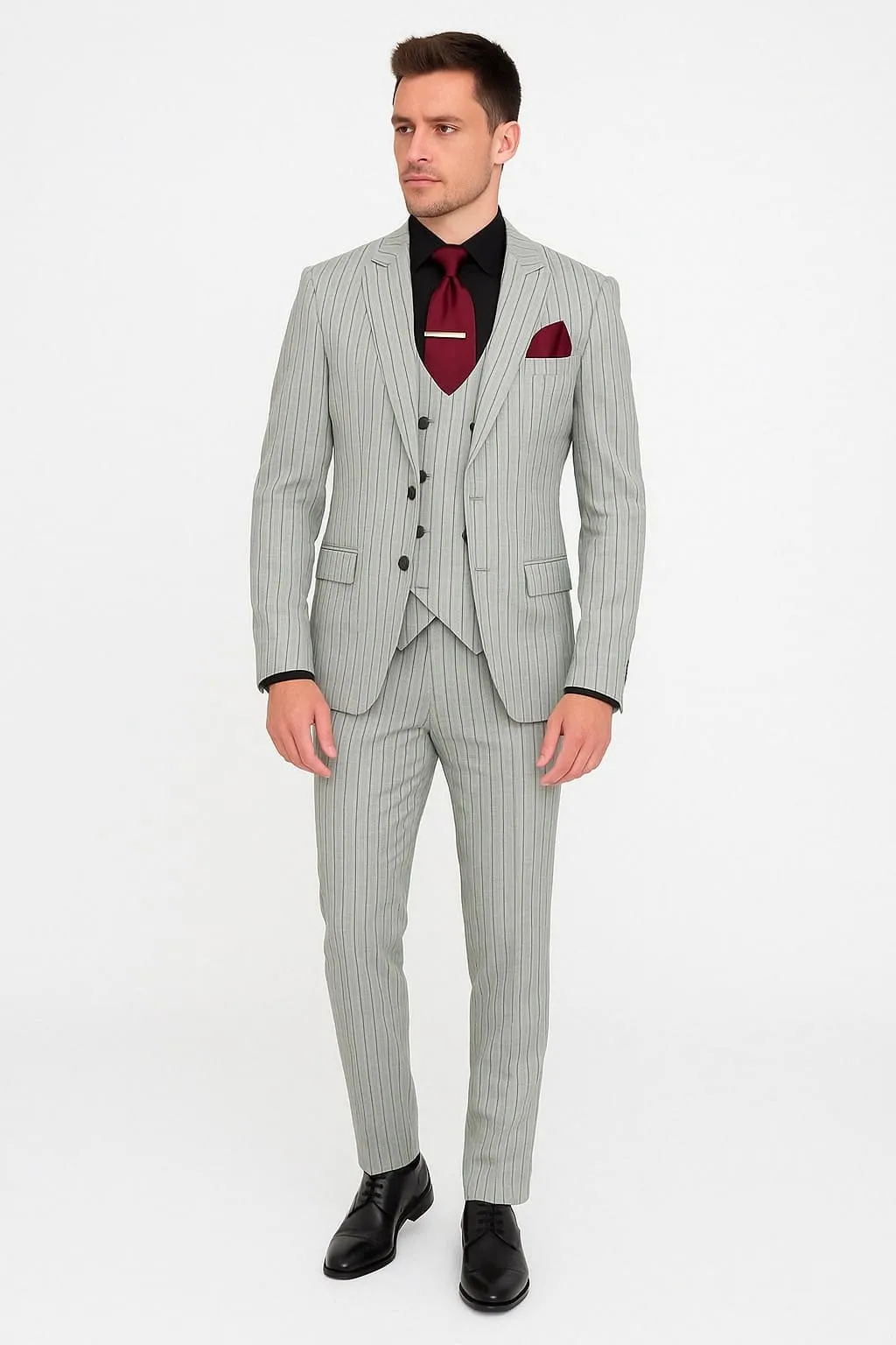 Men's Grey and Black Pinstripe Three-Piece Suit 1920s Suit Gangster Stripe Vintage Look sold by Alberto Nardoni product image thumbnail 2