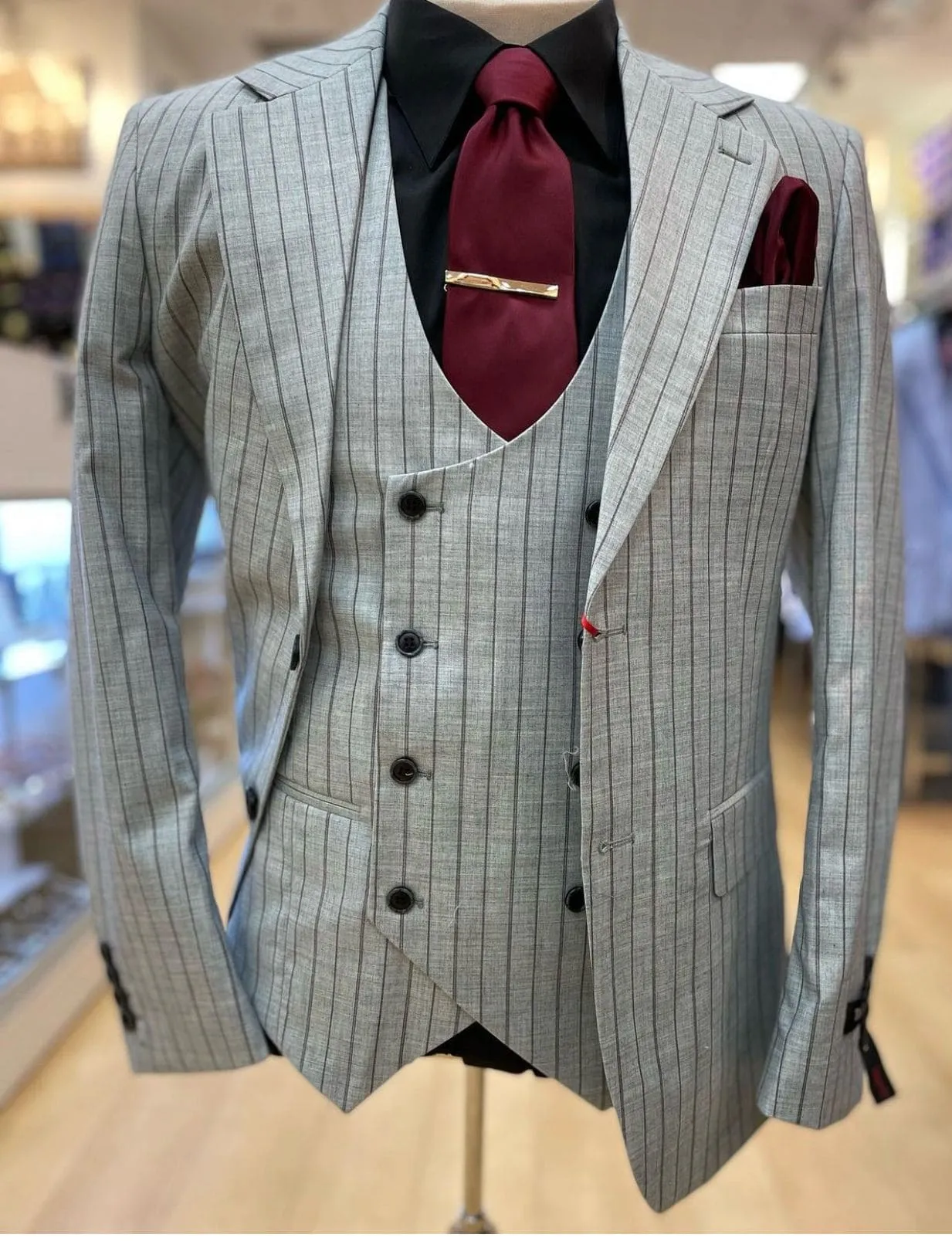 Men's Grey and Black Pinstripe Three-Piece Suit 1920s Suit Gangster Stripe Vintage Look sold by Alberto Nardoni product image thumbnail 4
