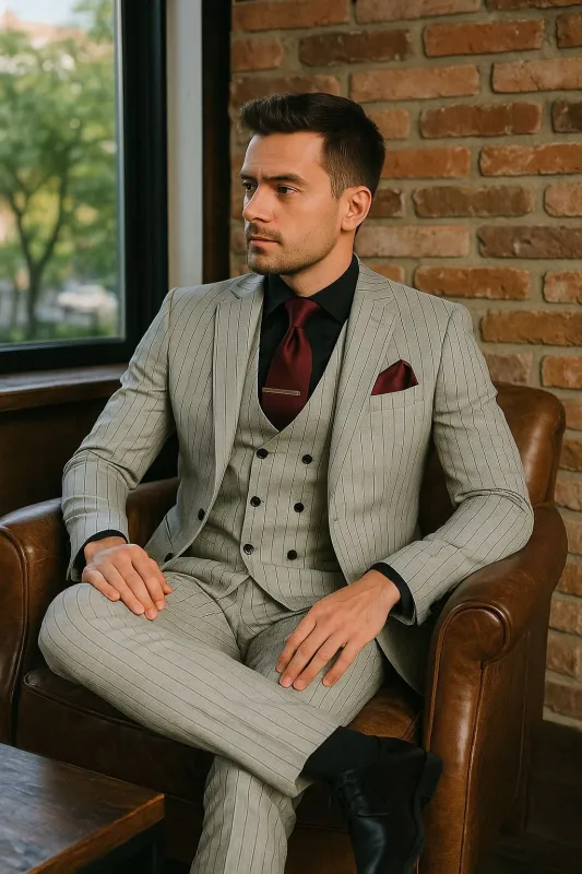 Men's Grey and Black Pinstripe Three-Piece Suit 1920s Suit Gangster Stripe Vintage Look sold by Alberto Nardoni