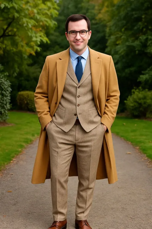 Great Gatbsy Package - Mens Camel Overcoat with Beige Tweed 3-Piece Suit Combo 4 Items Formal Winter Outfit sold by Alberto Nardoni
