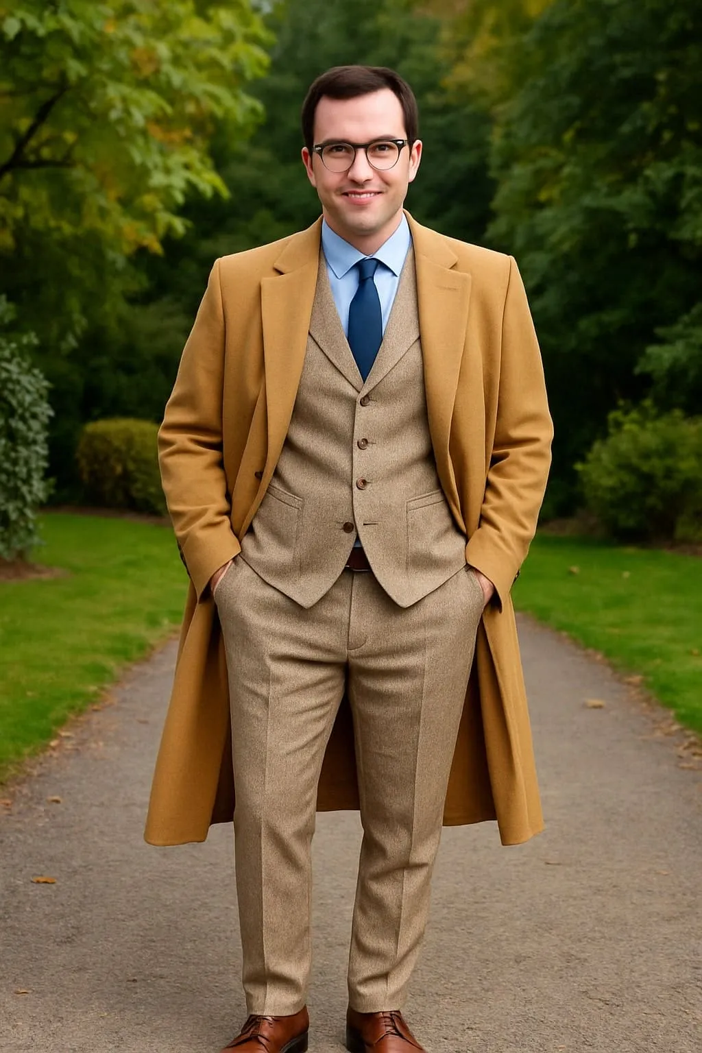 Great Gatbsy Package - Mens Camel Overcoat with Beige Tweed 3-Piece Suit Combo 4 Items Formal Winter Outfit sold by Alberto Nardoni