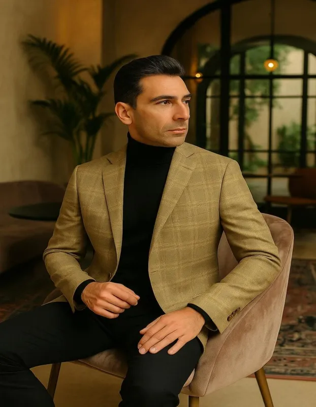 Men's Light Brown Plaid Sport Coat – Classic Check Blazer for Business and Casual Wear in Tan Windowpane Taupe Color sold by Alberto Nardoni