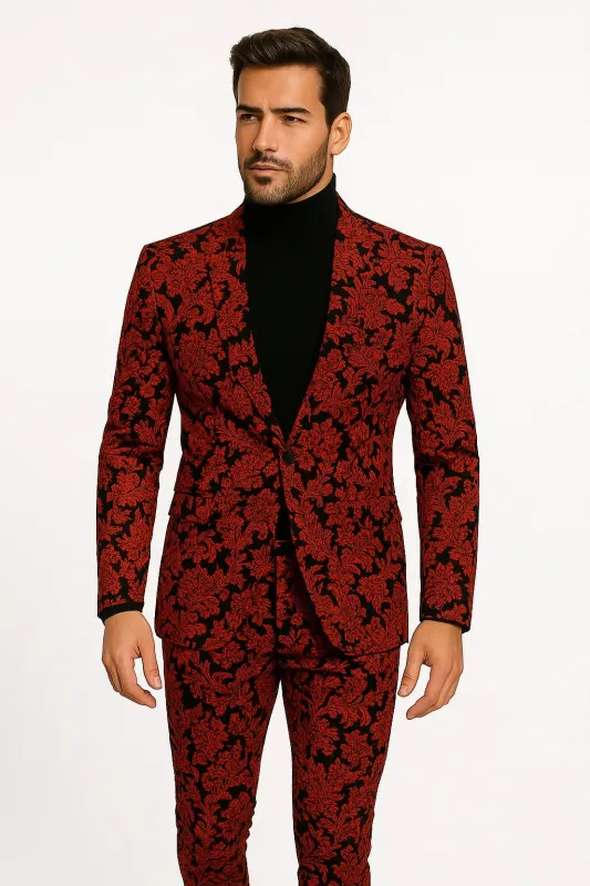 Mens Red and Black Floral Brocade Tuxedo Suit â€“ Two Piece Slim Fit Set sold by Alberto Nardoni