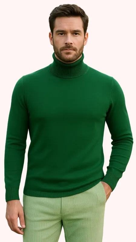 Mens Green Slim Fit Turtleneck Sweater – Lightweight Knit Pullover in Emerald Green sold by Alberto Nardoni