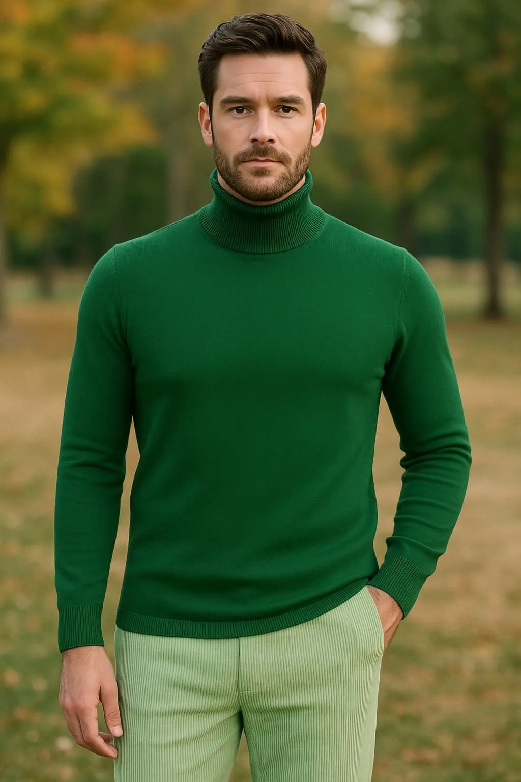Mens Green Slim Fit Turtleneck Sweater – Lightweight Knit Pullover in Emerald Green sold by Alberto Nardoni product image thumbnail 4