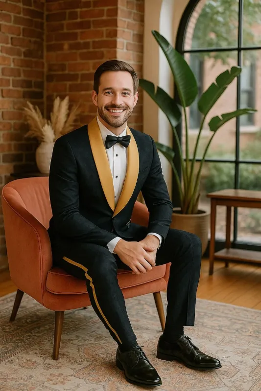 Men's Black and Gold Shawl Lapel Tuxedo with Jacquard Texture – Wedding & Prom Suit sold by Alberto Nardoni