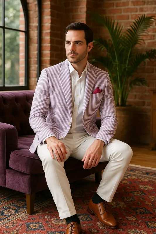 Mens Italian Lavender Seersucker Blazer â€“ Lightweight Summer Striped Suit Jacket sold by Alberto Nardoni