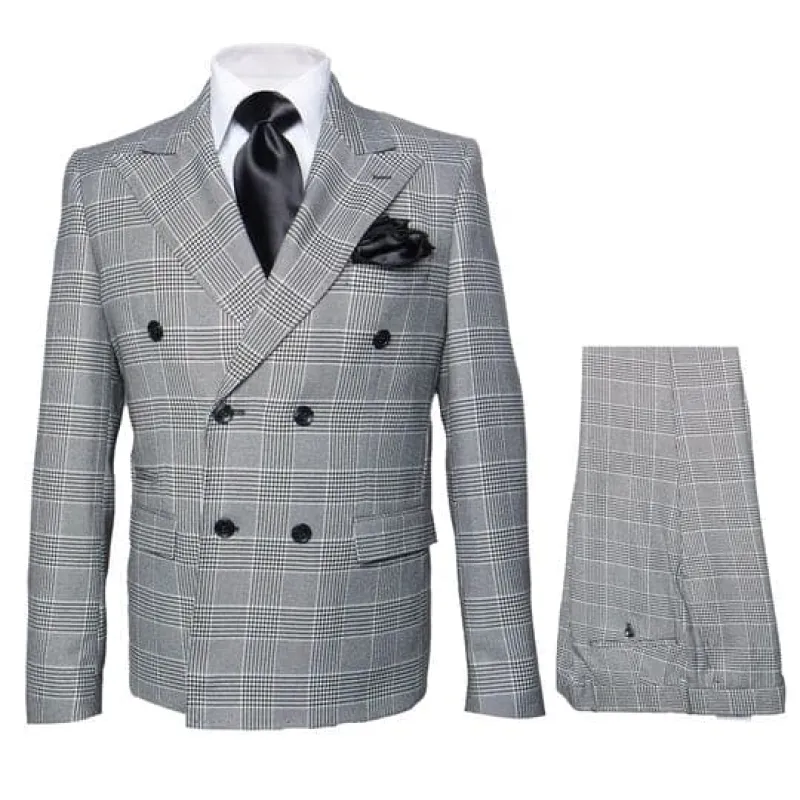 Men's Grey Glen Plaid Double-Breasted Suit – Classic Prince of Wales Check Two-Piece Set By Rossiman made by Alberto Nardoni