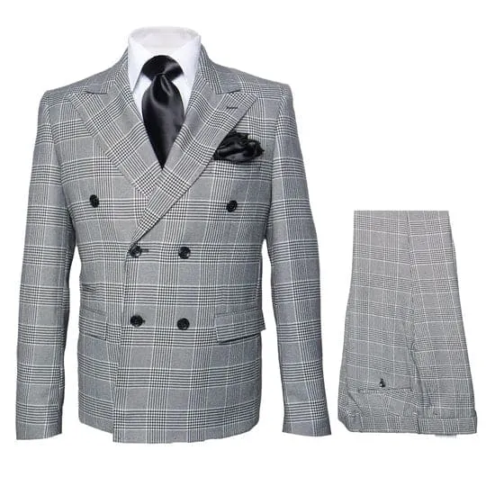 Men's Grey Glen Plaid Double-Breasted Suit – Classic Prince of Wales Check Two-Piece Set By Rossiman sold by Alberto Nardoni