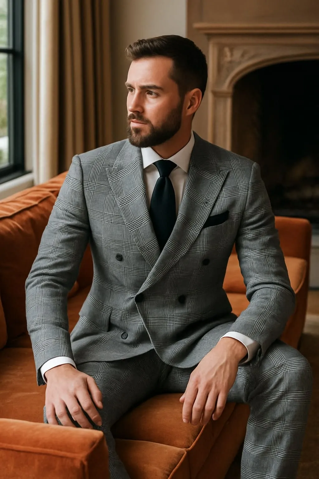 Men's Grey Glen Plaid Double-Breasted Suit – Classic Prince of Wales Check Two-Piece Set By Rossiman sold by Alberto Nardoni product image thumbnail 2