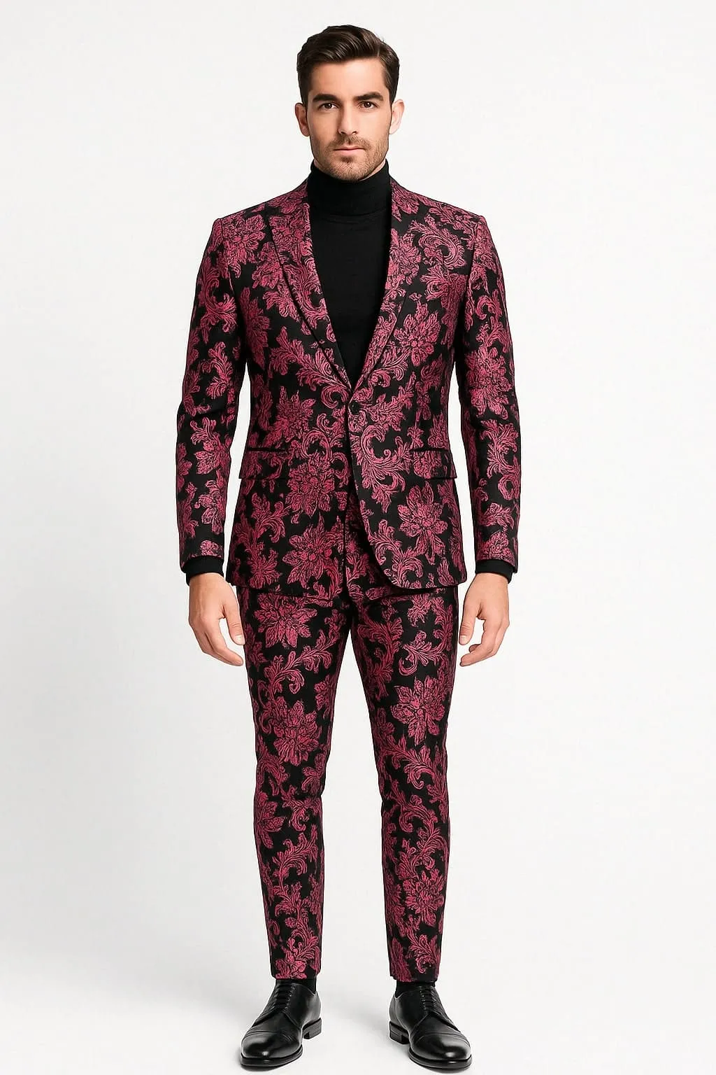 Mens Black and Pink Floral Tuxedo Suit – Magento Fucia Plumish Color Slim Fit 2 Piece Embroidered Outfit for Weddings, Prom and Formal Events sold by Alberto Nardoni