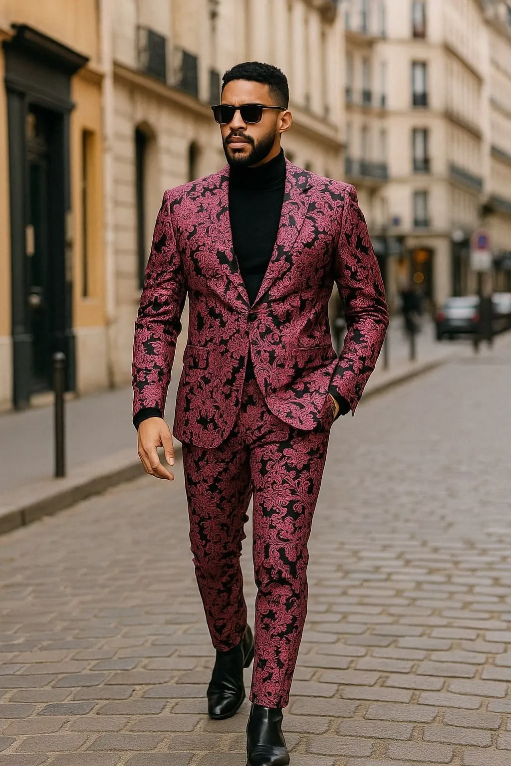 Mens Black and Pink Floral Tuxedo Suit – Magento Fucia Plumish Color Slim Fit 2 Piece Embroidered Outfit for Weddings, Prom and Formal Events sold by Alberto Nardoni product image thumbnail 2