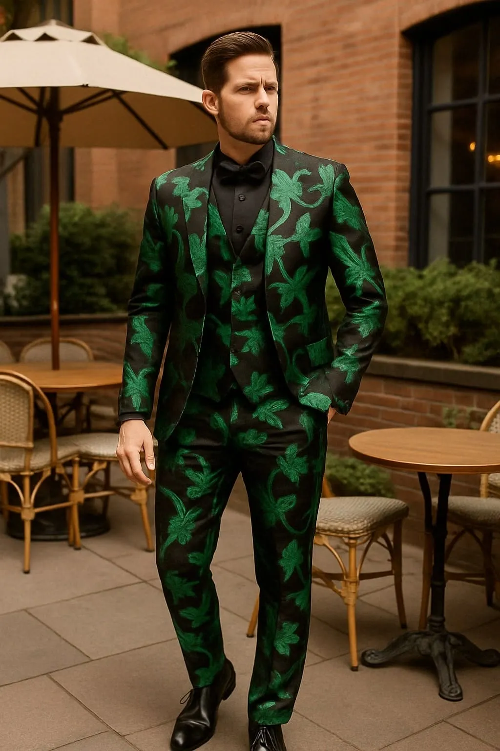 Mens Black and Emerald Green Velvet Floral Tuxedo Suit – Slim Fit 2 Piece Formalwear for Weddings and Events Slim Fitted sold by Alberto Nardoni product image thumbnail 2