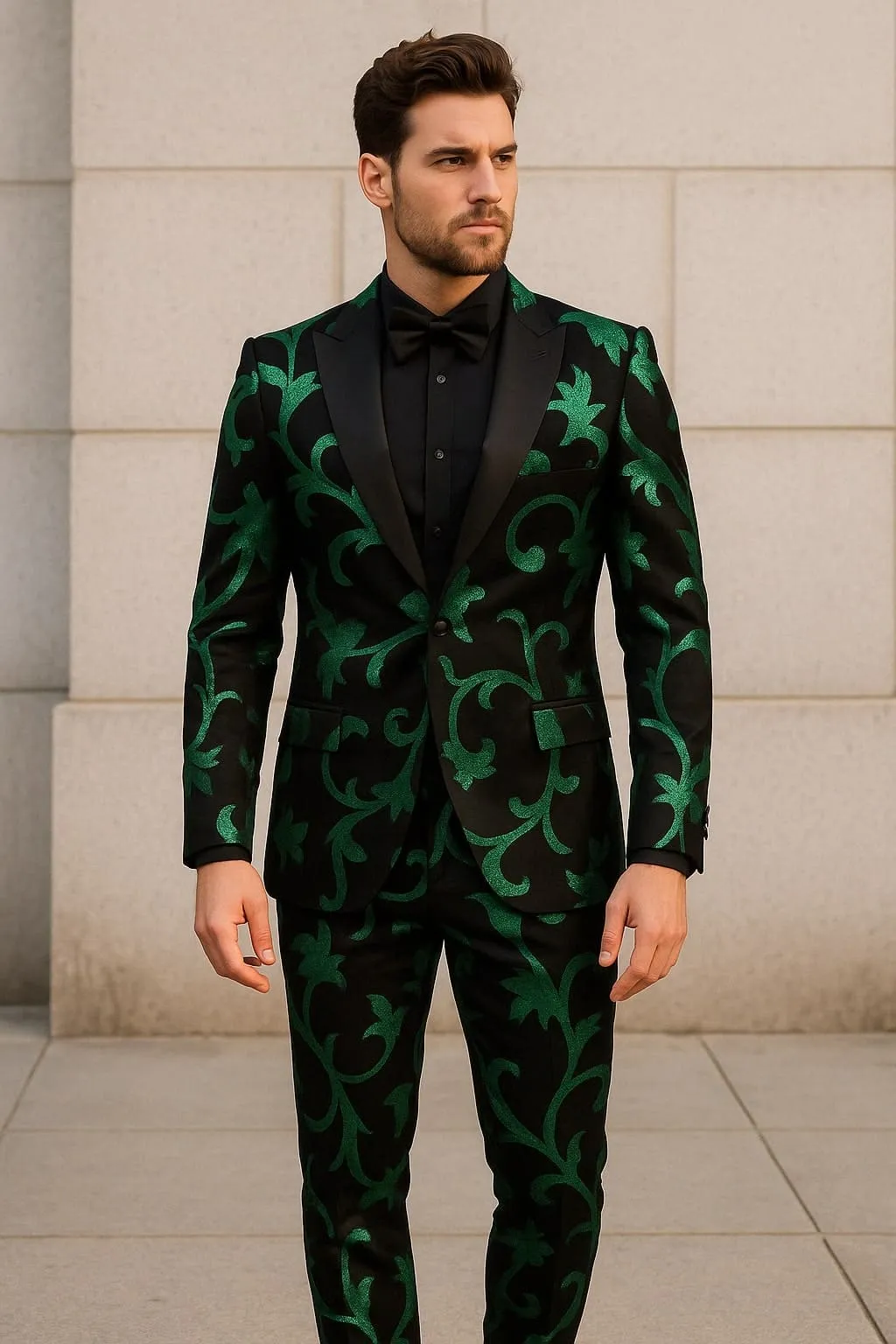 Mens Black and Emerald Green Velvet Floral Tuxedo Suit – Slim Fit 2 Piece Formalwear for Weddings and Events Slim Fitted sold by Alberto Nardoni