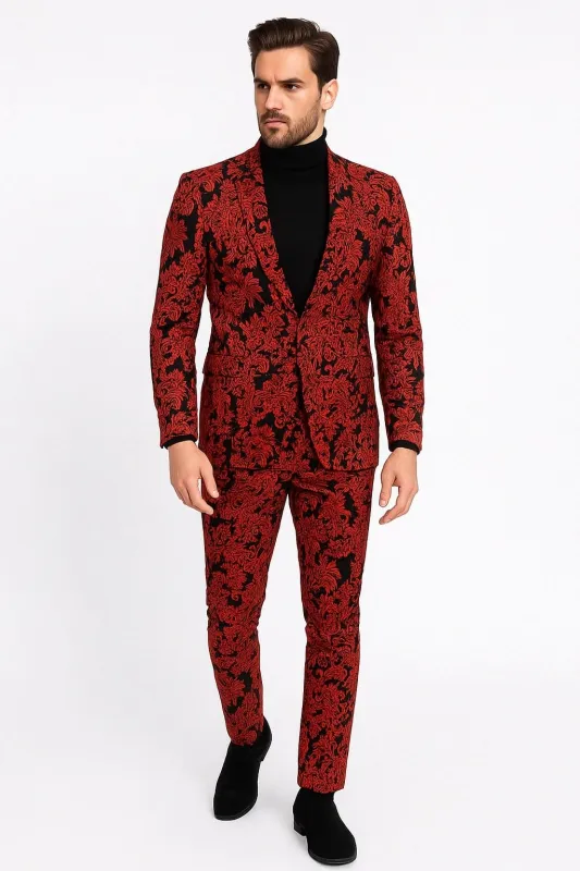 Mens Red and Black Floral Tuxedo Suit – Slim Fit 2 Piece Embroidered Outfit for Weddings, Prom, and Formal Events sold by Alberto Nardoni