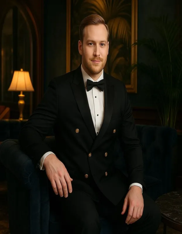 Men’s Black Double-Breasted Tuxedo – Classic Shawl Lapel Suit with Gold Buttons for Weddings, Galas, and Black Tie Events sold by Alberto Nardoni