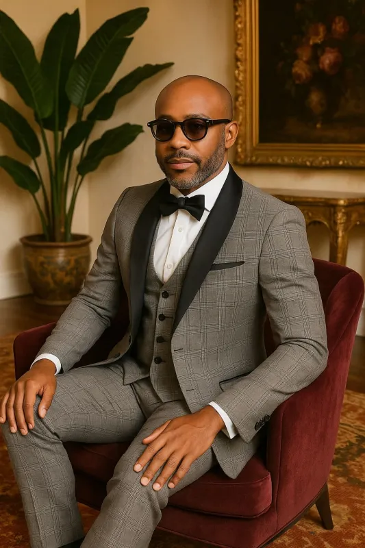 Men's Black and White Plaid Tuxedo – 3 Piece Suit with Black Velvet Shawl Lapel - Gray Glein Tartan Pattern Wedding Suit sold by Alberto Nardoni