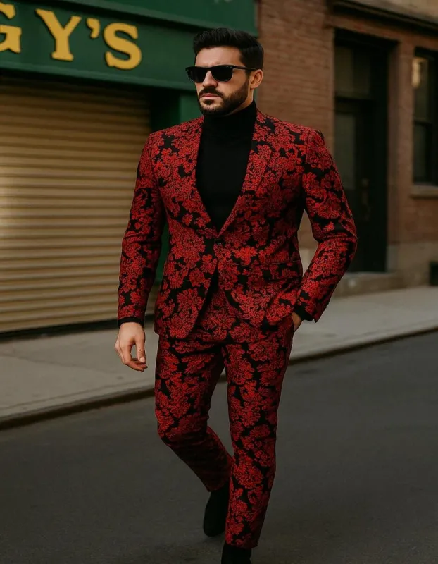 Men’s Red and Black Floral Tuxedo Suit – Slim Fit 2 Piece Embroidered Outfit for Weddings, Prom, and Formal Events sold by Alberto Nardoni