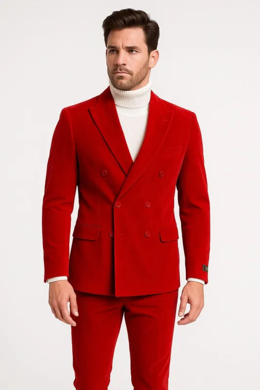 Mens Slim Fit Red Velvet Double Breasted Suit with Peak Lapel – Formal Tuxedo Style made by Alberto Nardoni