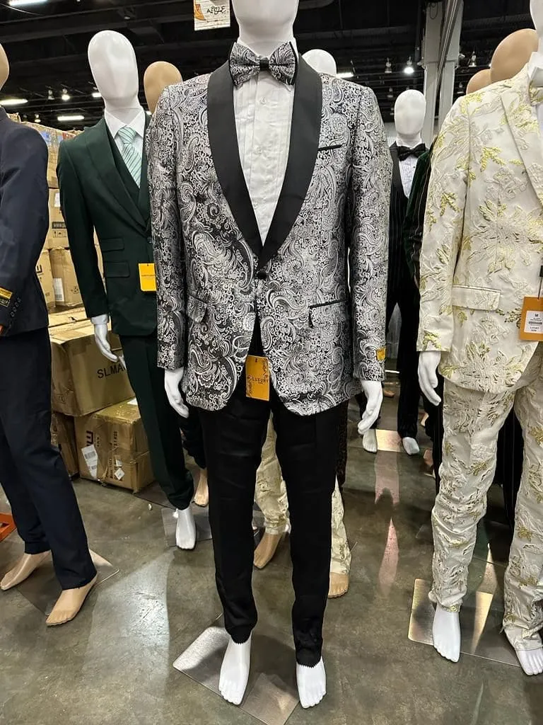 Mens Black and Silver Paisley Tuxedo with Satin Lapel and Bow Tie – Formal Party Suit sold by Alberto Nardoni product image thumbnail 2