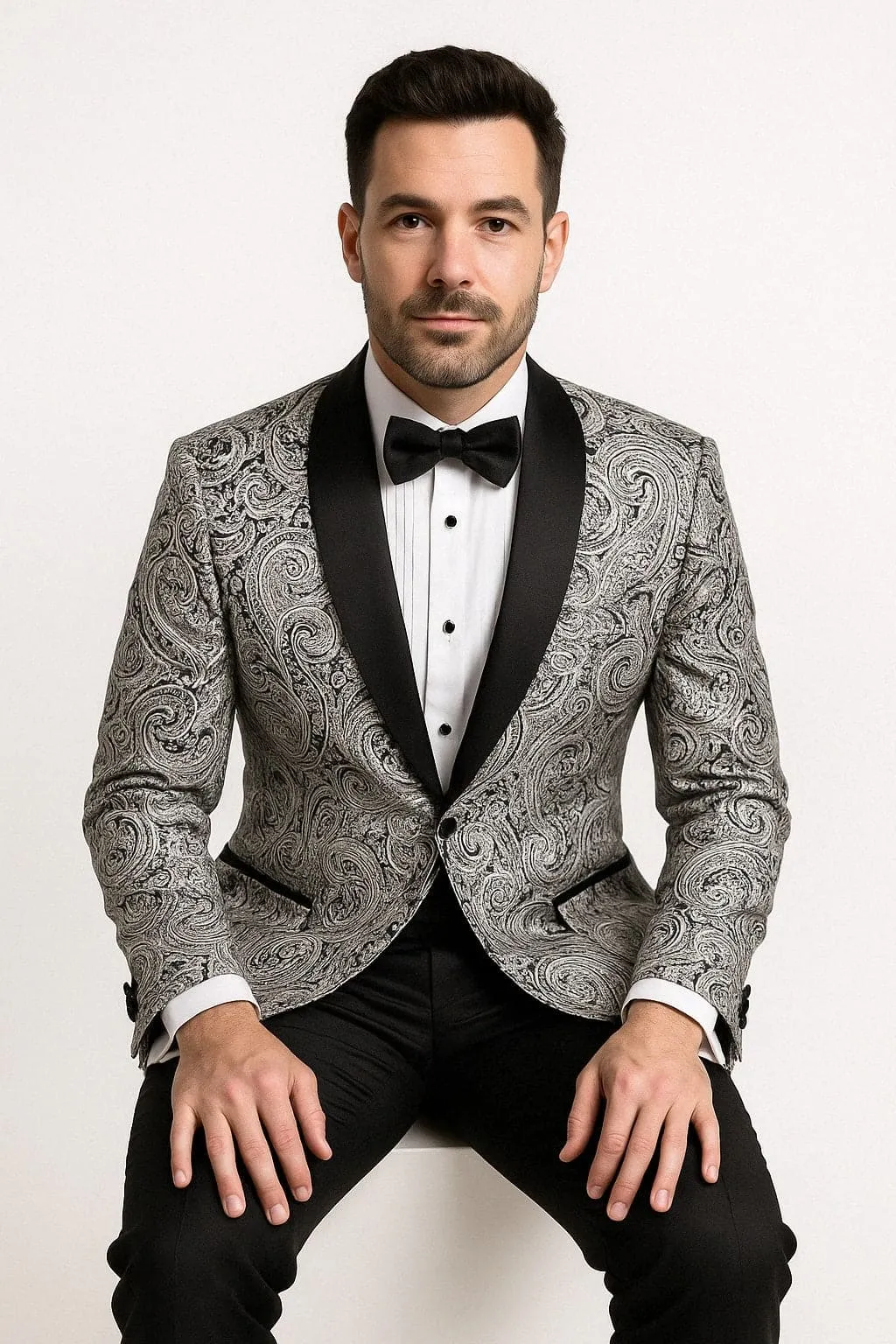 Mens Black and Silver Paisley Tuxedo with Satin Lapel and Bow Tie – Formal Party Suit sold by Alberto Nardoni