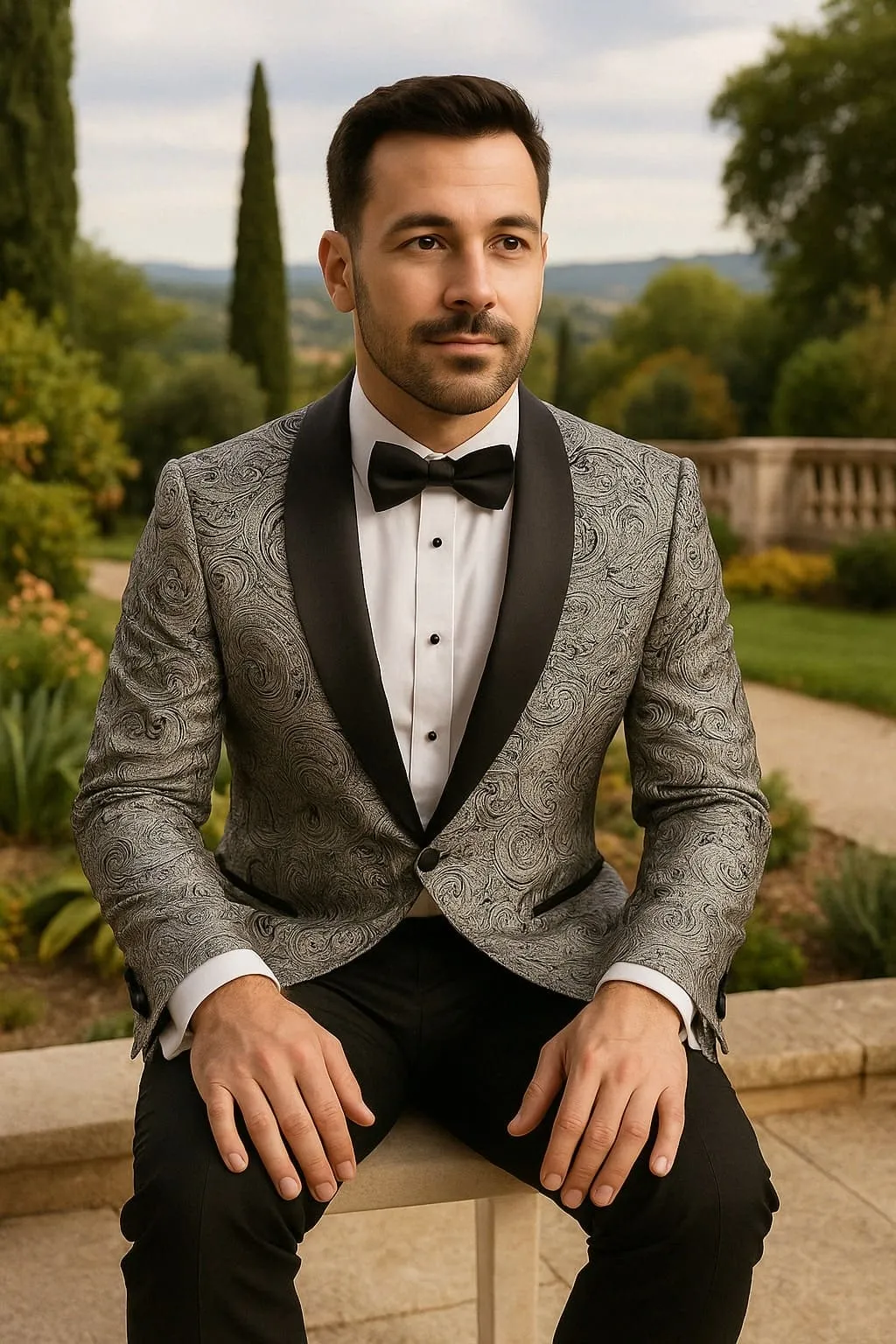 Mens Black and Silver Paisley Tuxedo with Satin Lapel and Bow Tie – Formal Party Suit sold by Alberto Nardoni product image thumbnail 3