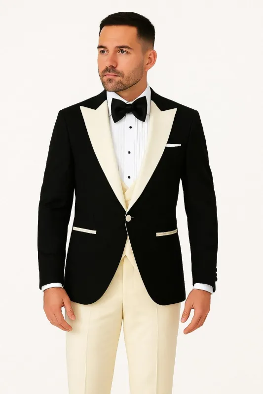 Mens Black and Ivory Tuxedo with Wide Shawl Lapel – 3 Piece Black and off White Lapel ! Vested Suit sold by Alberto Nardoni