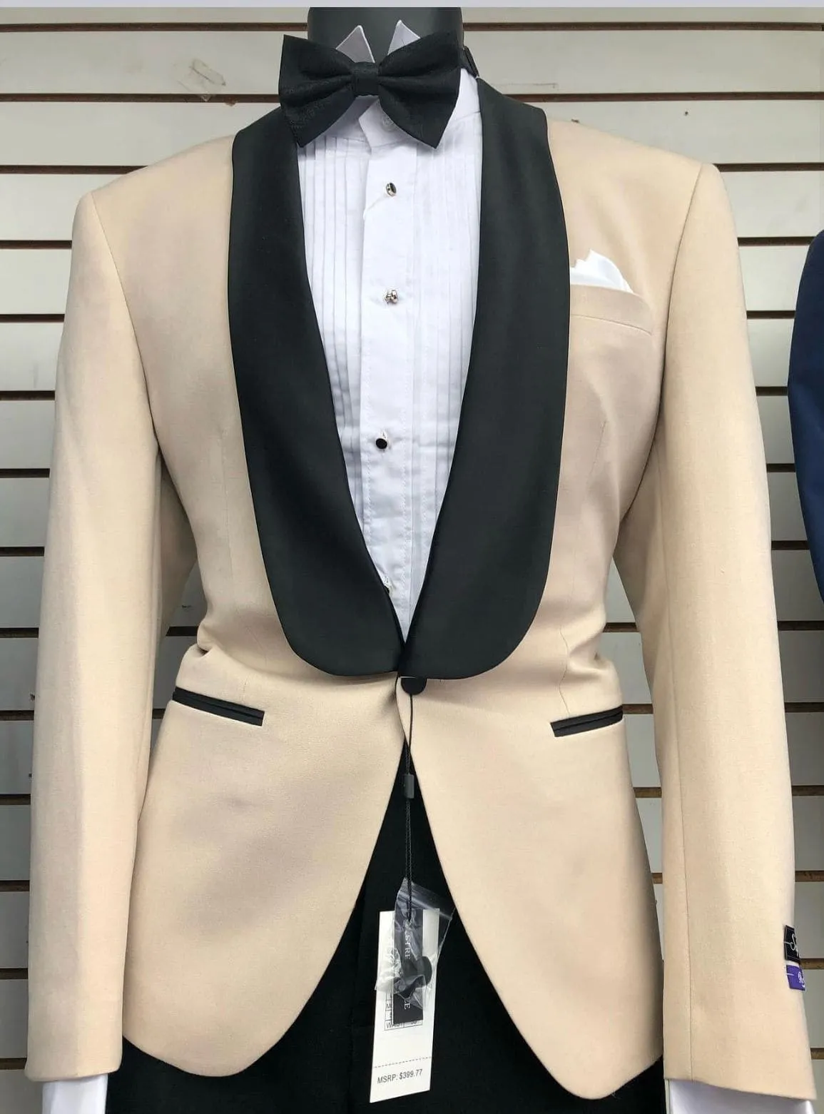 Mens Champagne Light Tan Tuxedo Jacket with Black Shawl Lapel – Classic One-Button Formal Dinner Jacket - Nude Color sold by Alberto Nardoni product image thumbnail 3