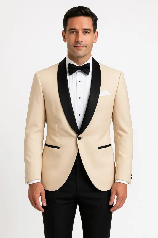 Mens Champagne Light Tan Tuxedo Jacket with Black Shawl Lapel – Classic One-Button Formal Dinner Jacket - Nude Color sold by Alberto Nardoni