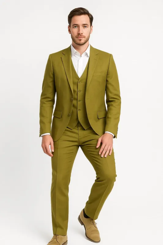 Mens Light Olive Green Linen Suit Three-Piece Style  – Formal Suit with Vest and Flat Front Pants sold by Alberto Nardoni