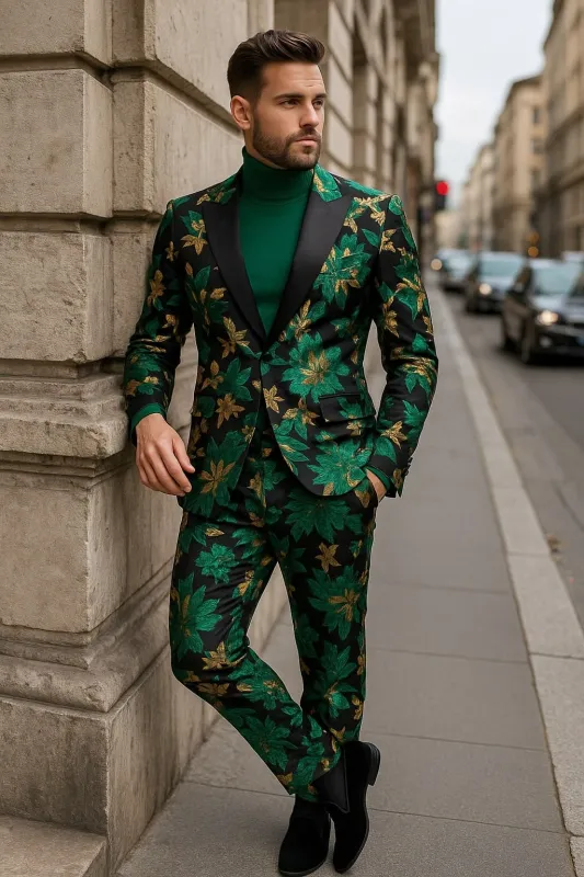 Men’s Green and Gold Floral Tuxedo Suit – Luxury 2 Piece Slim Fit Outfit for Weddings, Proms, and Special Events sold by Alberto Nardoni