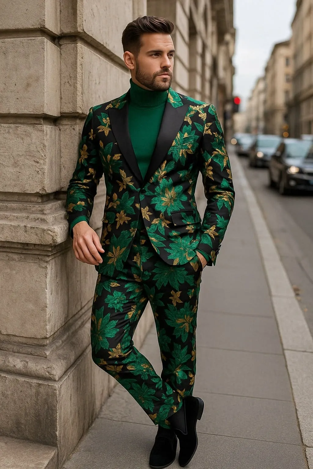 Men’s Green and Gold Floral Tuxedo Suit – Luxury 2 Piece Slim Fit Outfit for Weddings, Proms, and Special Events sold by Alberto Nardoni