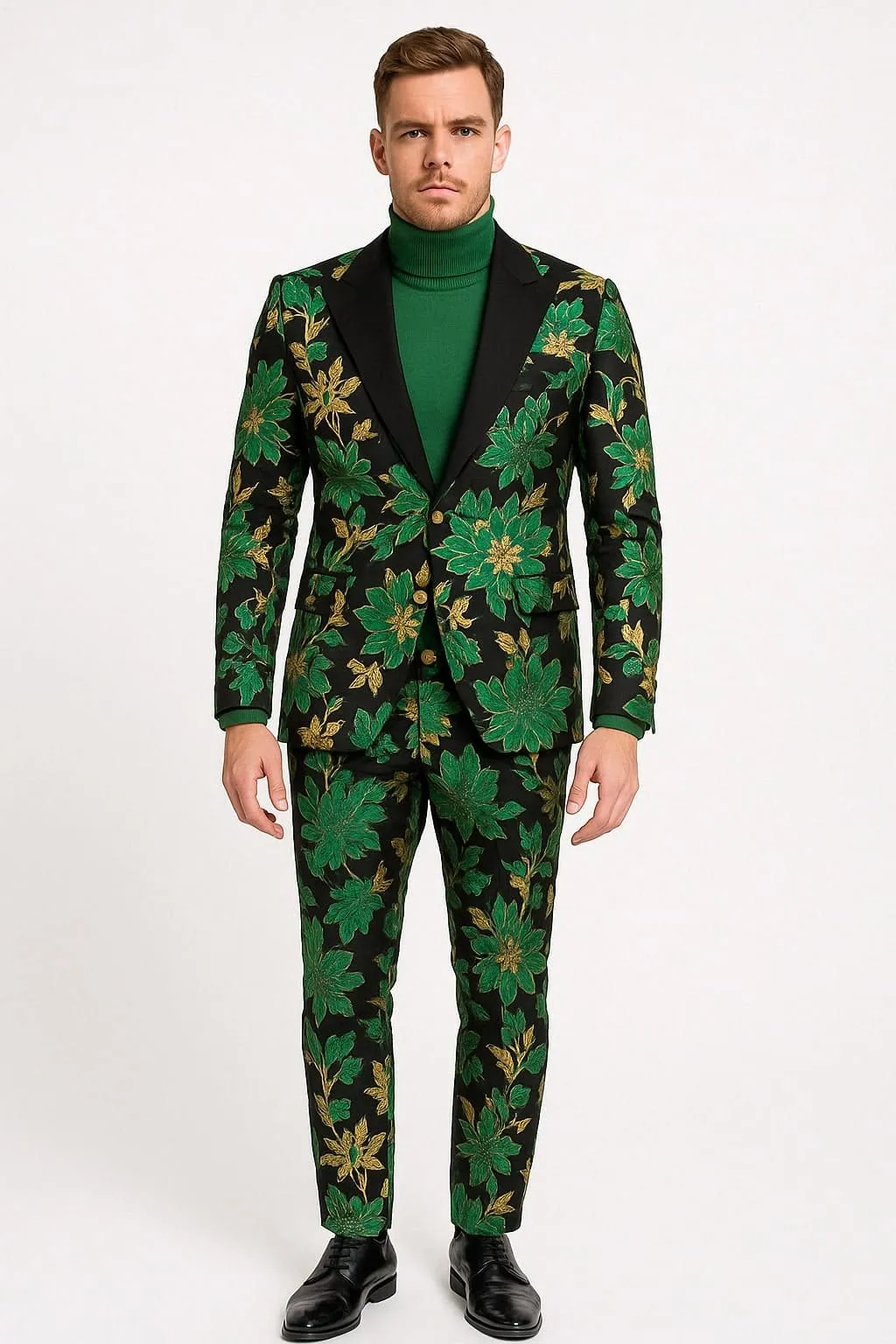 Men’s Green and Gold Floral Tuxedo Suit – Luxury 2 Piece Slim Fit Outfit for Weddings, Proms, and Special Events sold by Alberto Nardoni product image thumbnail 3