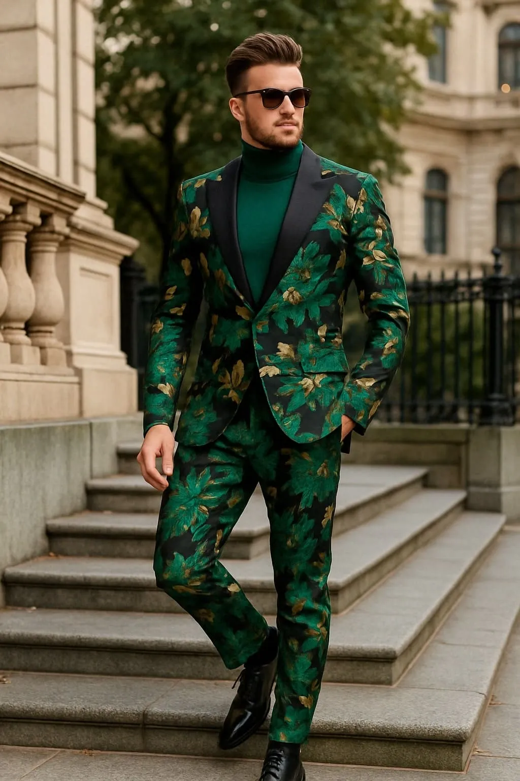 Men’s Green and Gold Floral Tuxedo Suit – Luxury 2 Piece Slim Fit Outfit for Weddings, Proms, and Special Events sold by Alberto Nardoni product image thumbnail 2