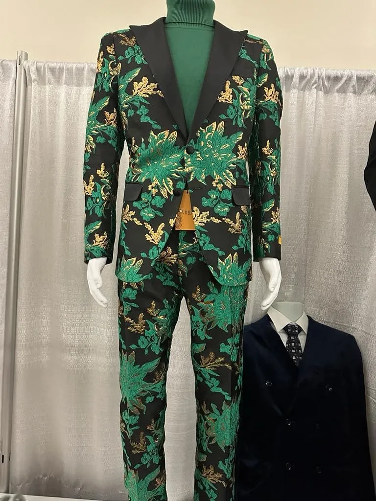 Men’s Green and Gold Floral Tuxedo Suit – Luxury 2 Piece Slim Fit Outfit for Weddings, Proms, and Special Events sold by Alberto Nardoni product image thumbnail 4