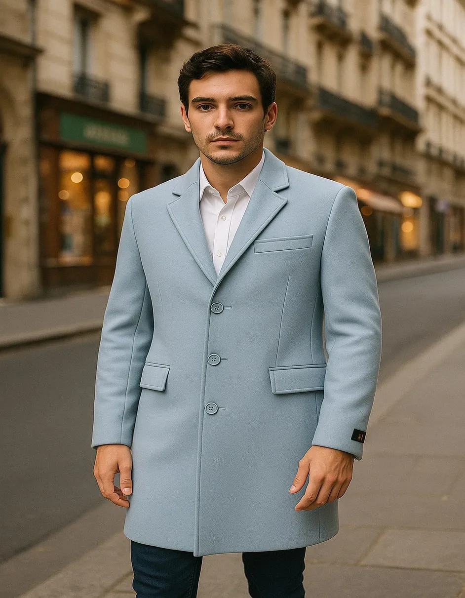 Men’s Light Blue Wool Overcoat – Classic Single-Breasted Long Coat - Sky Blue Carcoat Wool Fabric sold by Alberto Nardoni