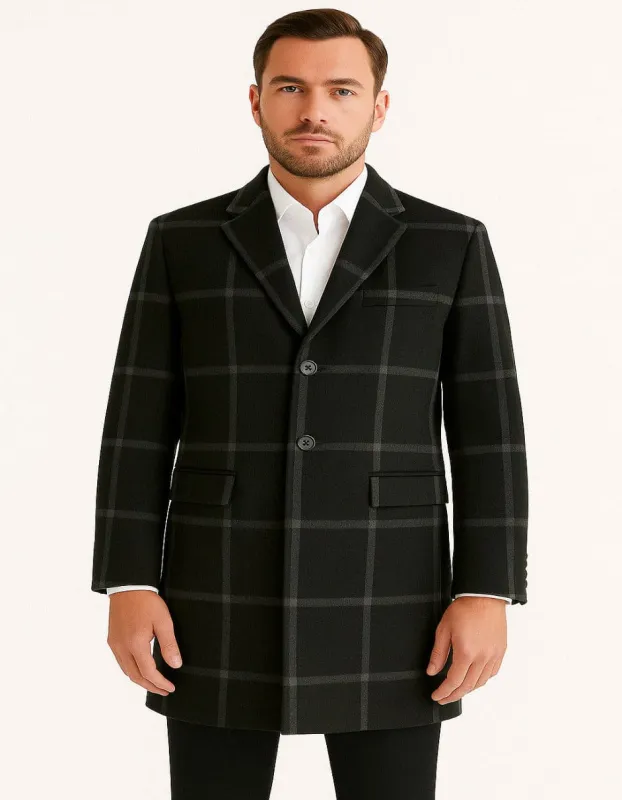 Mens Black Windowpane Wool Overcoat – Big Plaid Pattern Classic Checkered CarCoat sold by Alberto Nardoni