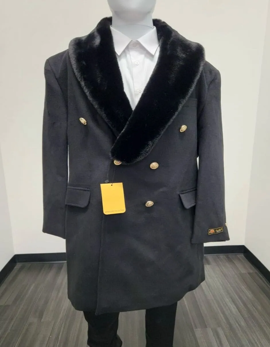 Men’s Black Double-Breasted Overcoat with Faux Fur Collar and Gold Buttons sold by Alberto Nardoni product image thumbnail 4