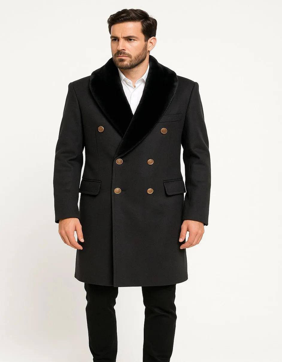 Men’s Black Double-Breasted Overcoat with Faux Fur Collar and Gold Buttons sold by Alberto Nardoni product image thumbnail 3