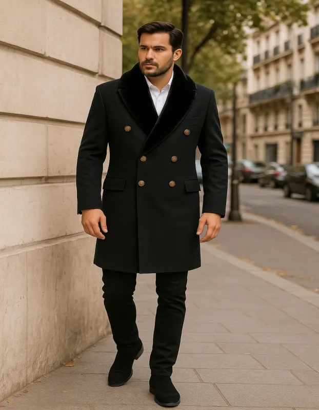 Men’s Black Double-Breasted Overcoat with Faux Fur Collar and Gold Buttons sold by Alberto Nardoni
