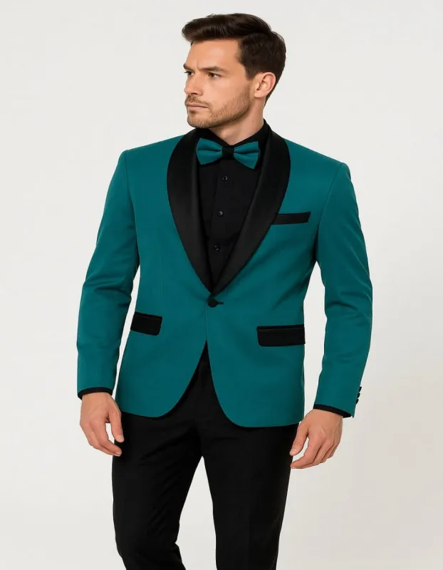 Men's Teal Blue Velvet Tuxedo with Black Satin Lapel and Bow Tie + Black Pants made by Alberto Nardoni