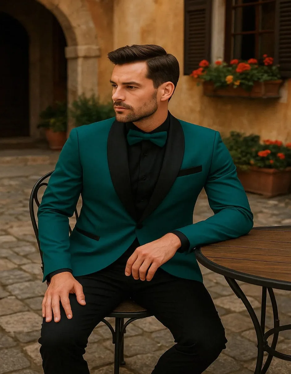 Men's Teal Blue Velvet Tuxedo with Black Satin Lapel and Bow Tie + Black Pants sold by Alberto Nardoni product image thumbnail 2