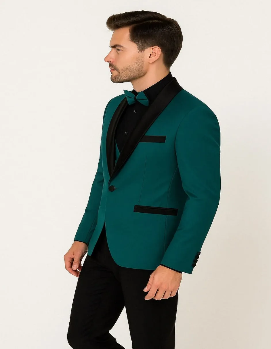Men's Teal Blue Velvet Tuxedo with Black Satin Lapel and Bow Tie + Black Pants sold by Alberto Nardoni product image thumbnail 3