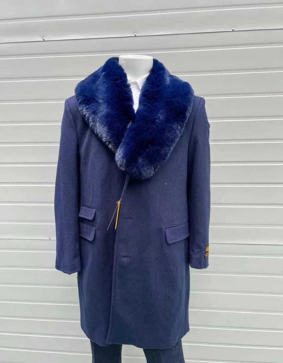 Mens Navy Wool Overcoat with Royal Blue Faux Fur Shawl Collar Cashmere Carcoat sold by Alberto Nardoni product image thumbnail 4