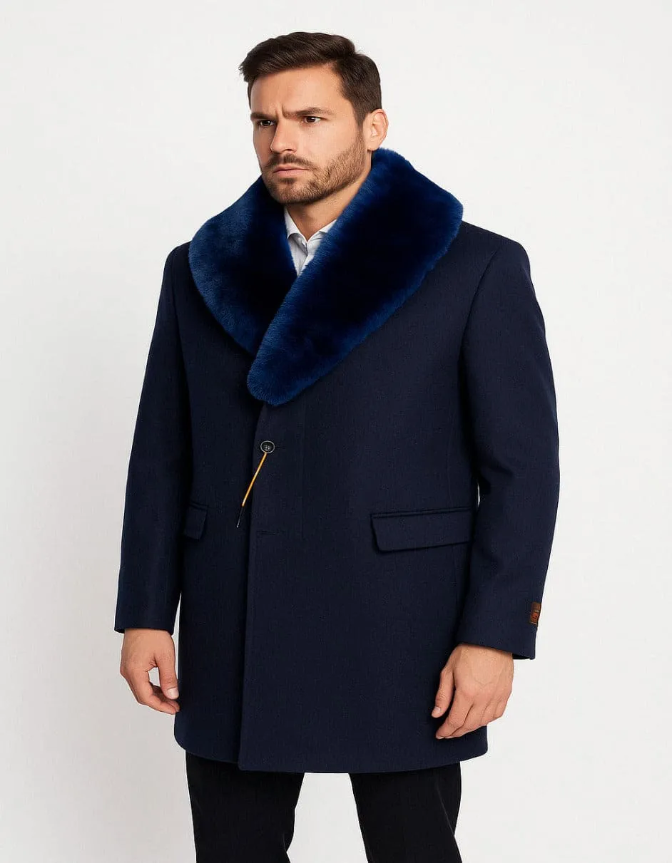 Mens Navy Wool Overcoat with Royal Blue Faux Fur Shawl Collar Cashmere Carcoat sold by Alberto Nardoni product image thumbnail 2