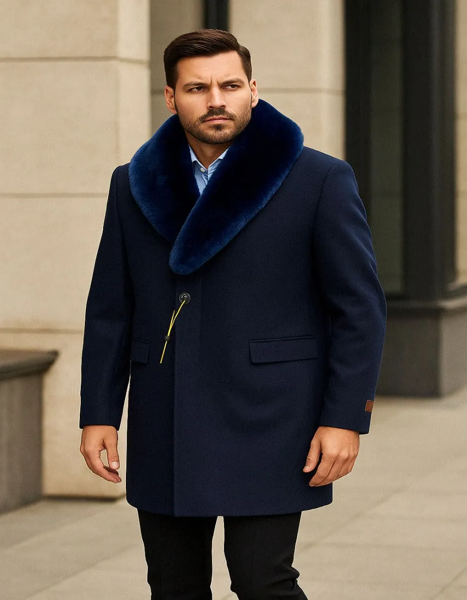 Mens Navy Wool Overcoat with Royal Blue Faux Fur Shawl Collar Cashmere Carcoat sold by Alberto Nardoni