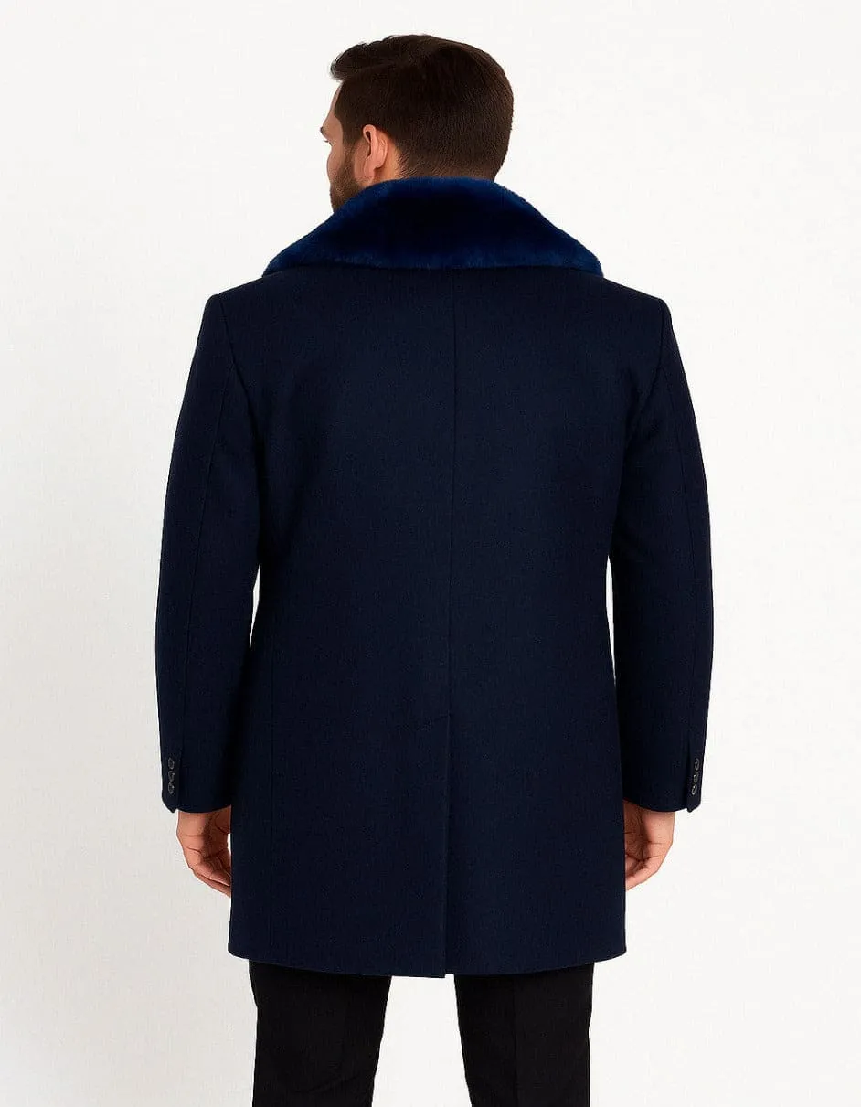 Mens Navy Wool Overcoat with Royal Blue Faux Fur Shawl Collar Cashmere Carcoat sold by Alberto Nardoni product image thumbnail 3