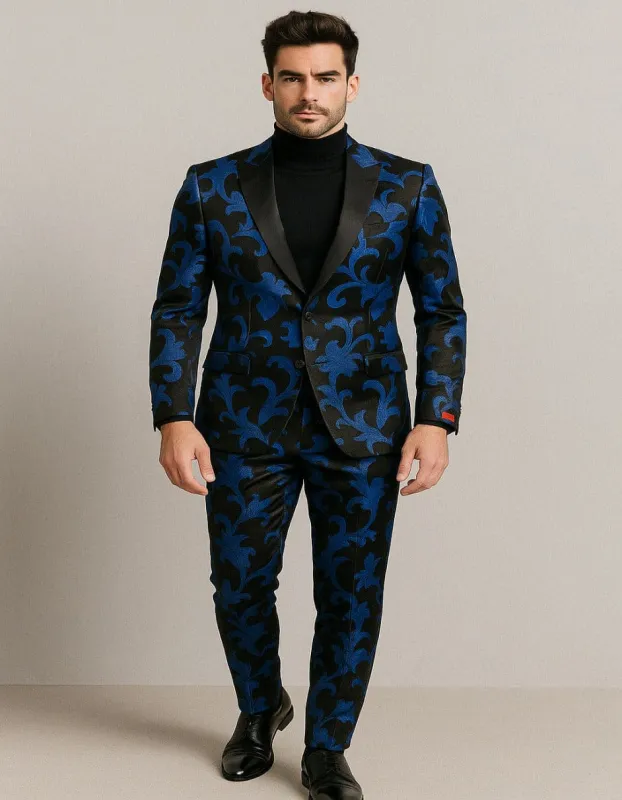 Mens Black and Royal Blue Floral Tuxedo Suit – Slim Fit 2 Piece Velvet Embroidered Outfit for Weddings, Prom, and Formal Events sold by Alberto Nardoni